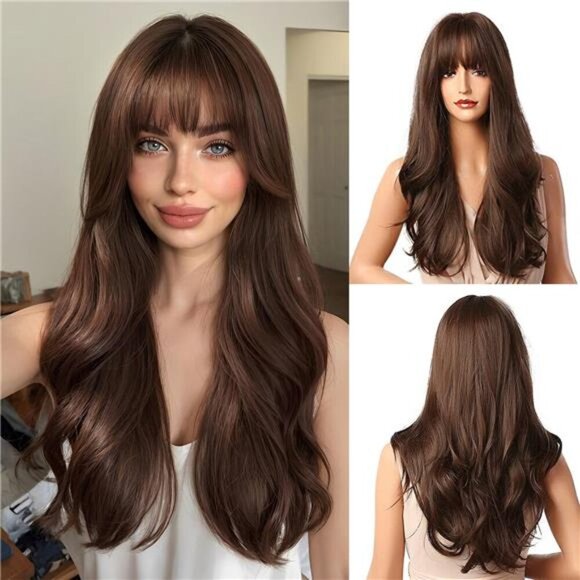 Brown Wigs 24" Long Synthetic Wig Natural - Picture 1 of 6